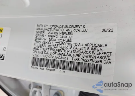 2022 Honda Accord Hybrid Sport from USA, damaged, VIN 1HGCV3F23NA031819